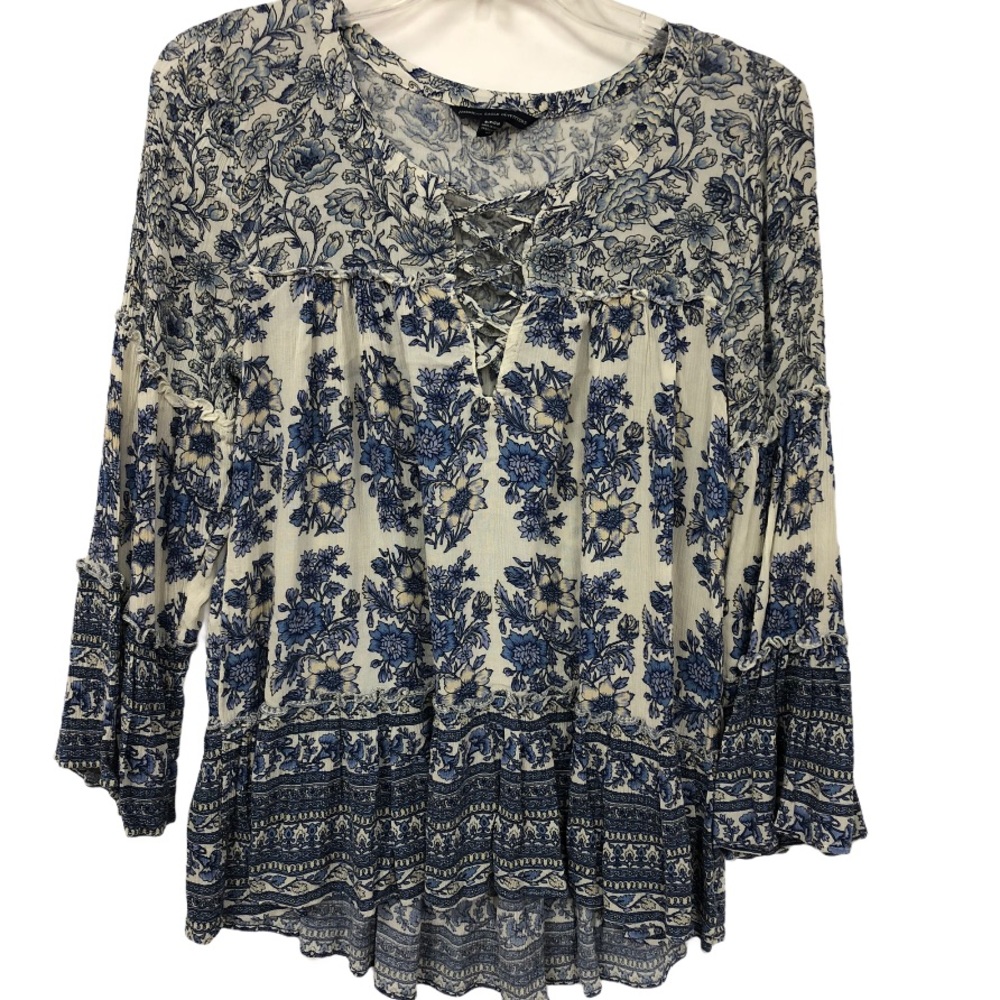 AMERICAN EAGLE FLORAL‎ LACE UP BLOUSE S